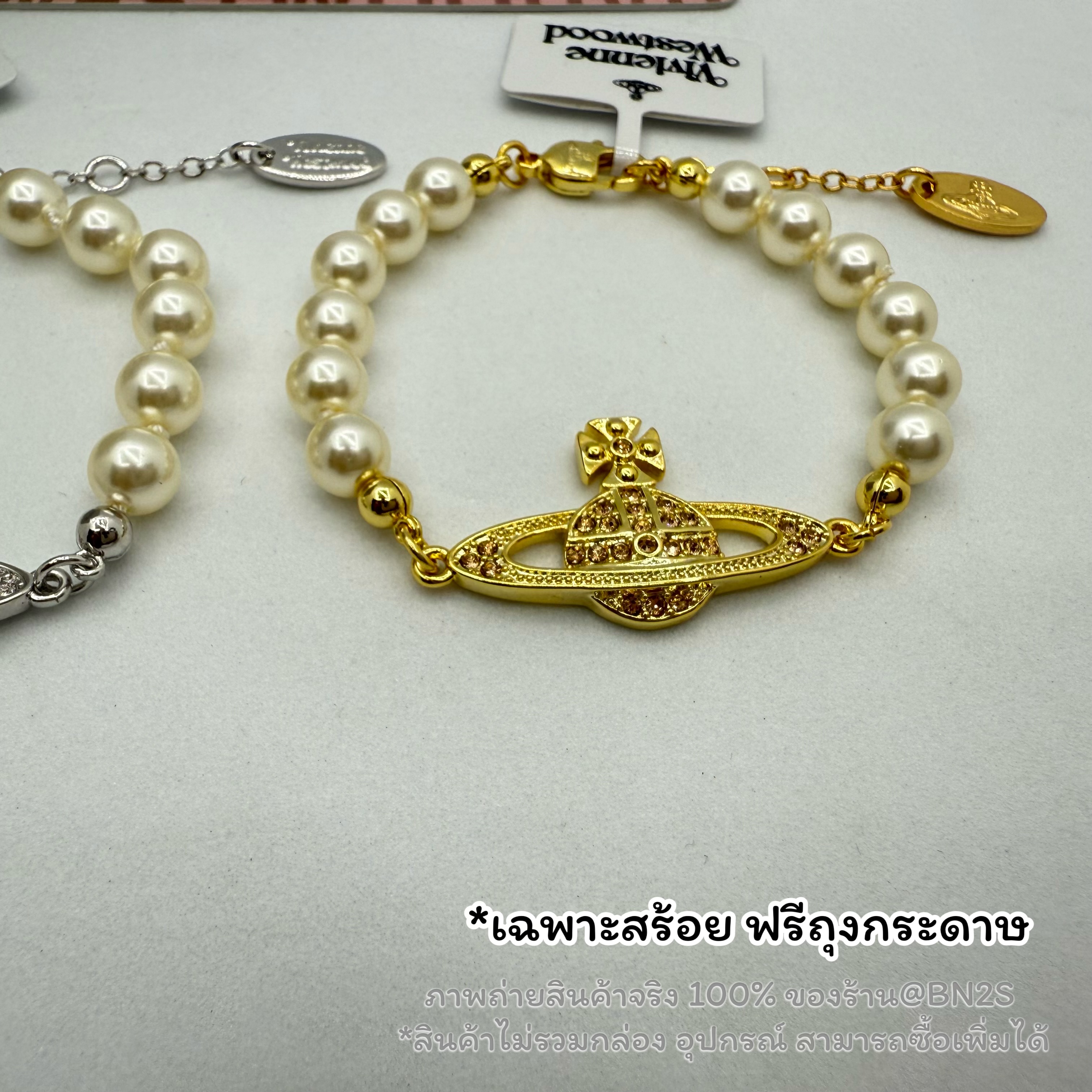 สีทอง | (ori) VIVIENNE WESTWOOD MINI BAS RELIEF PEARL BRACELET งานสวย สร้อยข้อมือไข่มุก งาน 1:1 เทียบแท้ มีสายโซ่ปรับได้ อุปกรณ์ มีถุงกระดาษ ซอปซิปล็อค