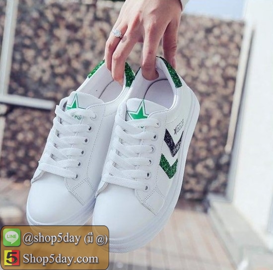รองเท้าผ้าใบ สไตล์เกาหลี ตกแต่งลายเก๋ๆ (แถบเขียว)