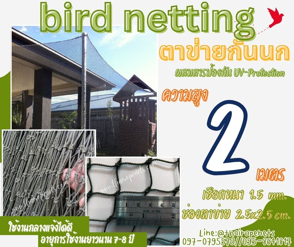 ตาข่ายล้อมรั้วกันนก สีเขียวขี้ม้า bird netting ความสูง 2 เมตร รุ่นหนา 1.5 มิล ช่องตา 2.5x2.5 cm. กดเลือกความยาวตามต้องการได้เลยค่ะ