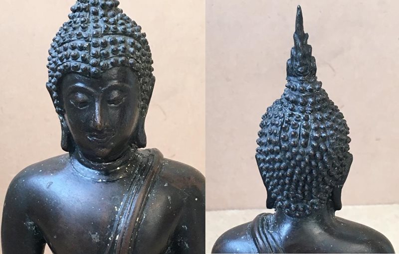 พระบูชา ล้อศิลปะสุโขทัย ฐานสามขา ขนาดหน้าตัก ๔.๕ นิ้ว สูง ๙ นิ้ว เนื้อสัมฤทธิ์ หล่อดินไทย เนื้อเก่า สวย เข้ม ขลัง