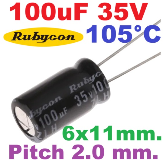 ตัวเก็บประจุ 100uF 35V pitch 2.0 mm. 6X11mm. ยี่ห้อ RUBYCON Japanese radial Electrolytic capacitor high frequency low resistance