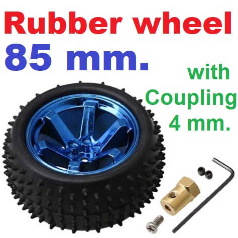 ชุดล้อรถขอบยางขนาด 85 มม.พร้อมที่ยึดล้อใช้กับเพลามอเตอร์ 4 มม. Rubber wheel 85mm with Coupling 4mm Shaft Motor car tires chassis Motor Robot