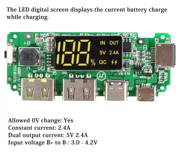 18650 5V 2.4A Lithium Battery Digital Display Charging Module with Dual USB Display Booster Module
