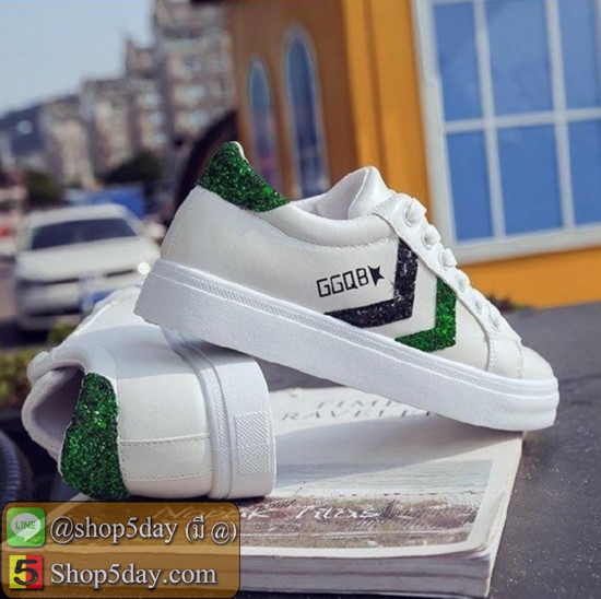 รองเท้าผ้าใบ สไตล์เกาหลี ตกแต่งลายเก๋ๆ (แถบเขียว)