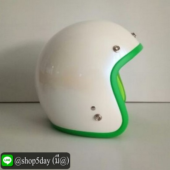 หมวกกันน็อคสไตล์วินเทจ คลาสสิค ลายแนวๆ เท่ๆ สีขาวมุก ขอบเขียว ถอดซักได้