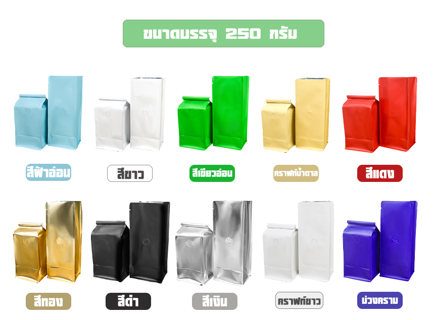 ถุงกาแฟ เมทัลไลท์ ติดวาล์ว ตั้งได้ ขยายข้าง+ลวดปิด (ขนาด 250กรัม) 9*23+8cm.**** (10ซอง/แพค)****