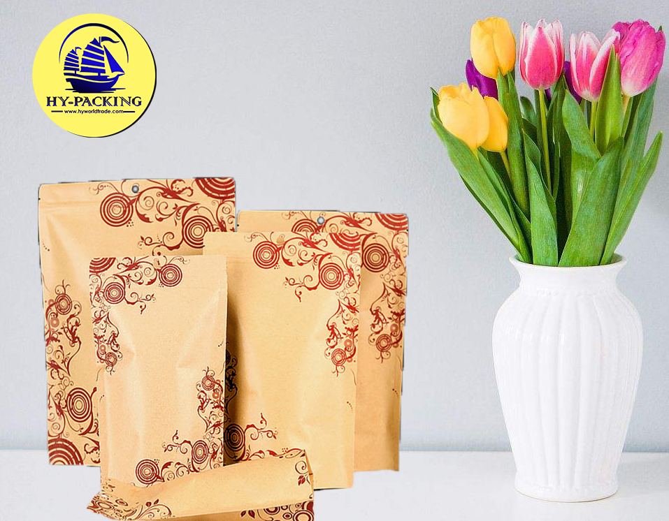 ถุงคราฟท์ทึบ ก้นตั้ง แบบมีซิปล็อค ในฟอยด์ สีน้ำตาล พิมพ์ลาย