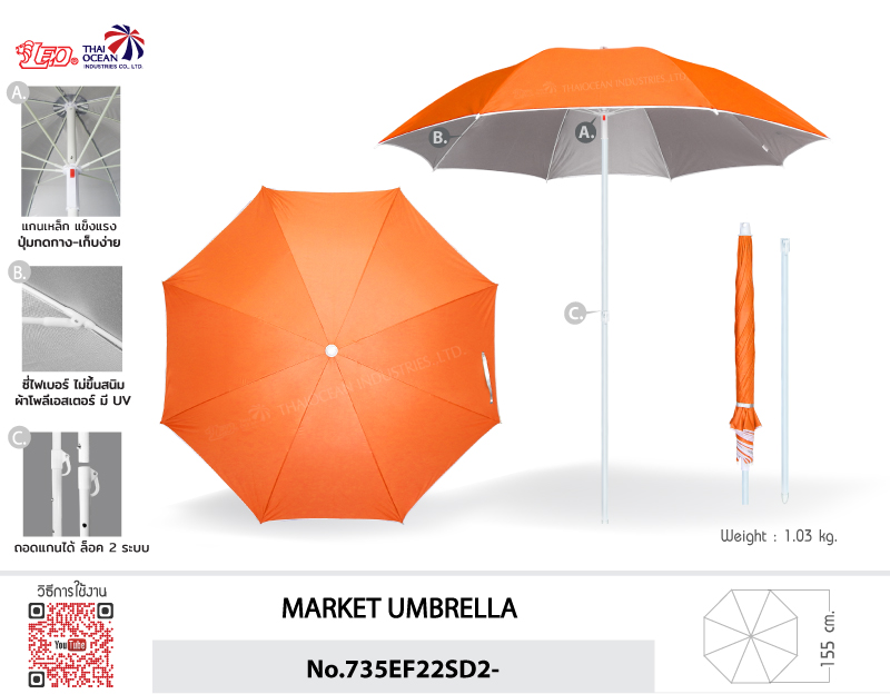 Leo ร่มสนาม สำหรับแม่ค้า,ขายของ,ร้านกาแฟ ขนาดØ1.55เมตร ทรงกลม ไม่มีชาย ซี่ไฟเบอร์ไม่ขึ้นสนิม