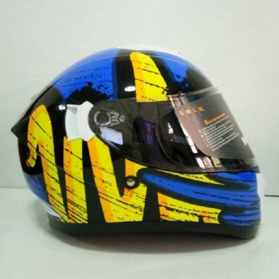 Mamoru หมวกกันน็อคหุ้มคาง ราคาถูก รุ่น mamoru cream สีน้ำเงิน-เหลือง แว่น 2 ชั้น นวมภายในถอดซักได้