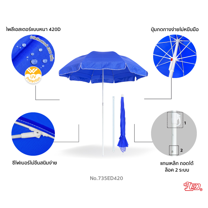 Leo ร่มสนาม แม่ค้า สำหรับขายของ ร้านกาแฟ ขนาด Ø1.55 เมตร ผ้าโพลีเอสเตอร์ 420D