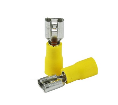 หางปลา FDD5.5-250 สีเหลือง หนาพิเศษ สำหรับสายไฟ 4.0-6.0 mm2 (12-10 AWG) 24A แพ็กละ 20 ตัว Crimp Terminal หางปลาเสียบ ตัวเมีย