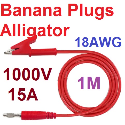 สายไฟปากคีบ 1 เมตร 1000V 15A 18AWG สีแดง Banana Plugs 4mm Insulated Alligator 15A Banana Plugs Alligator Clips Lead Wires 1M For Testing Probe