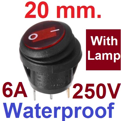 สวิตช์กันน้ำ 2ทาง 3ขา 250V 6A มีไฟ LED สีแดง ขนาด 20mm KCD1 ON-OFF Waterproof Round Switch 2 Feet Outer Diameter 23mm Hole 20mm Red color สวิตช์กระดก