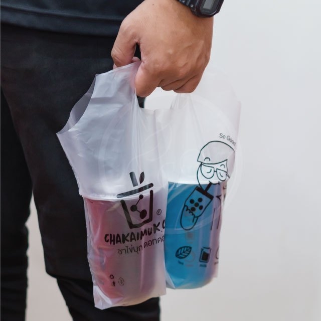 [CKMคู่] ถุงคู่ ใส่แก้ว พิมพ์ลาย เต็มใบ ใส่ได้ 2 แก้ว ชานมไข่มุก ถุงเครื่องดื่ม แพ็คละ 50ใบ