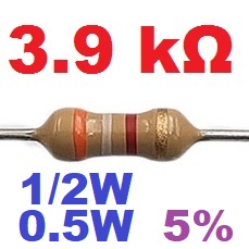 3.9K 1/2W (0.5W) 5% ตัวต้านทาน แพ็คละ 10 ตัว Carbon Film Fixed Resistor