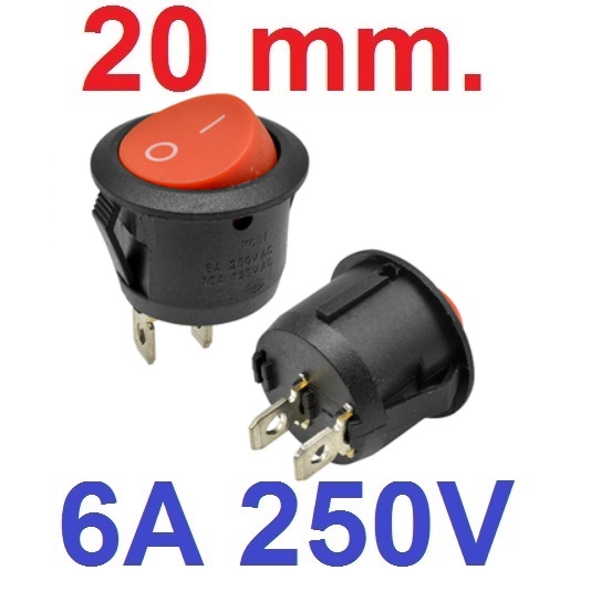 สวิตช์ 2ทาง 2ขา ขนาด 20 mm สีแดง ไม่มีไฟ Full circle Round Black Rocker Switch 2 Pin 6A 250V / 10A 125V SPST ON-OFF Snap-in 20mm Diameter KCD1 สวิทช์
