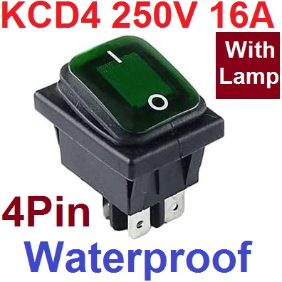 สวิตช์กันน้ำ 2 ทาง 4 ขา มีไฟ LED สีเขียว AC 250V 16A KCD4 DPST On-Off Switch 4 Pin Green color Waterproof Rocker Switch High Current Power Rocker 2 Gear 4 Foot Waterproof Power Switch สวิตช์กระดก