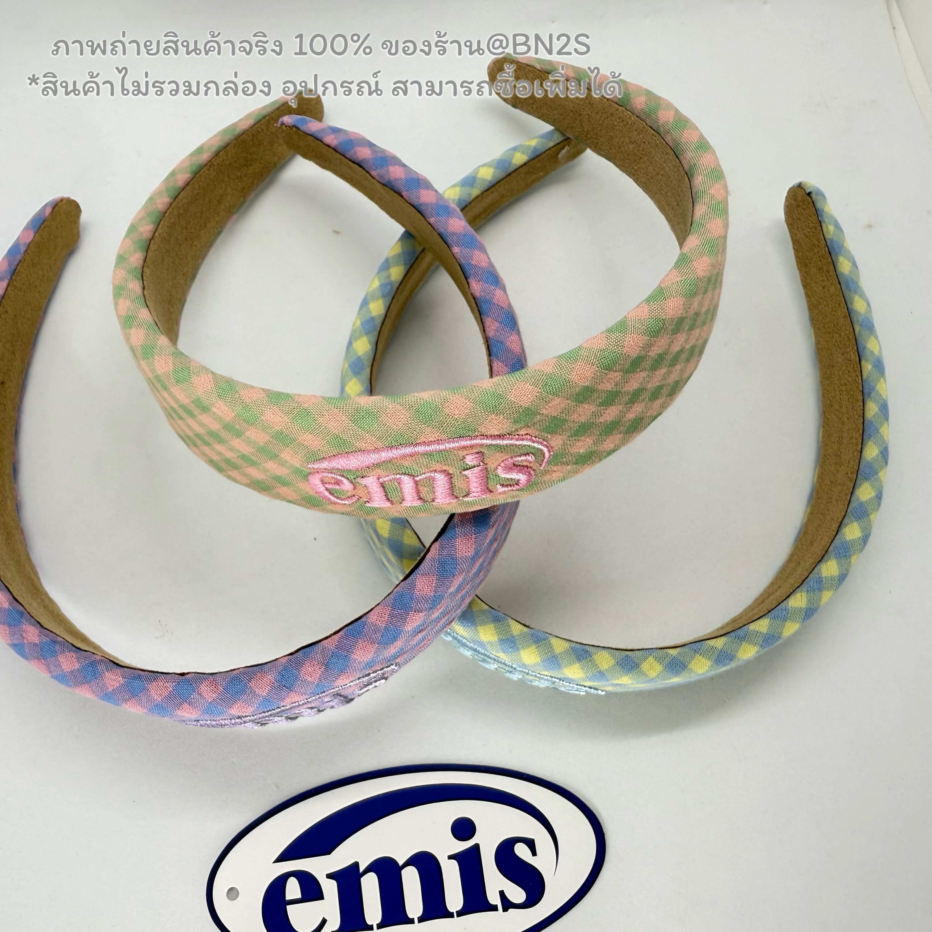 สีชมพู | 3 สีใหม่ 🌈ที่คาดผมอีมีส แบรนด์เกาหลี EM Gingham Check Hairband ลายตาราง ปั๊กโลโก้ E M I S รุ่นใหม่ชนช๊อป พร้อมส่งในไทย ไม่มีกล่อง อุปกรณ์ สำเนา