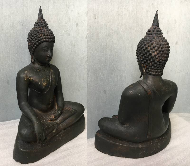 พระบูชา ล้อศิลปะสุโขทัย ขนาดหน้าตัก 8 นิ้ว สูง 12 นิ้ว เนื้อสัมฤทธิ์ดำ "เป็นส่วนผสมที่มีโลหะเงินมาก" หล่อดินไทย เนื้อเก่าถึงยุคมาก สวย เข้ม ขลัง