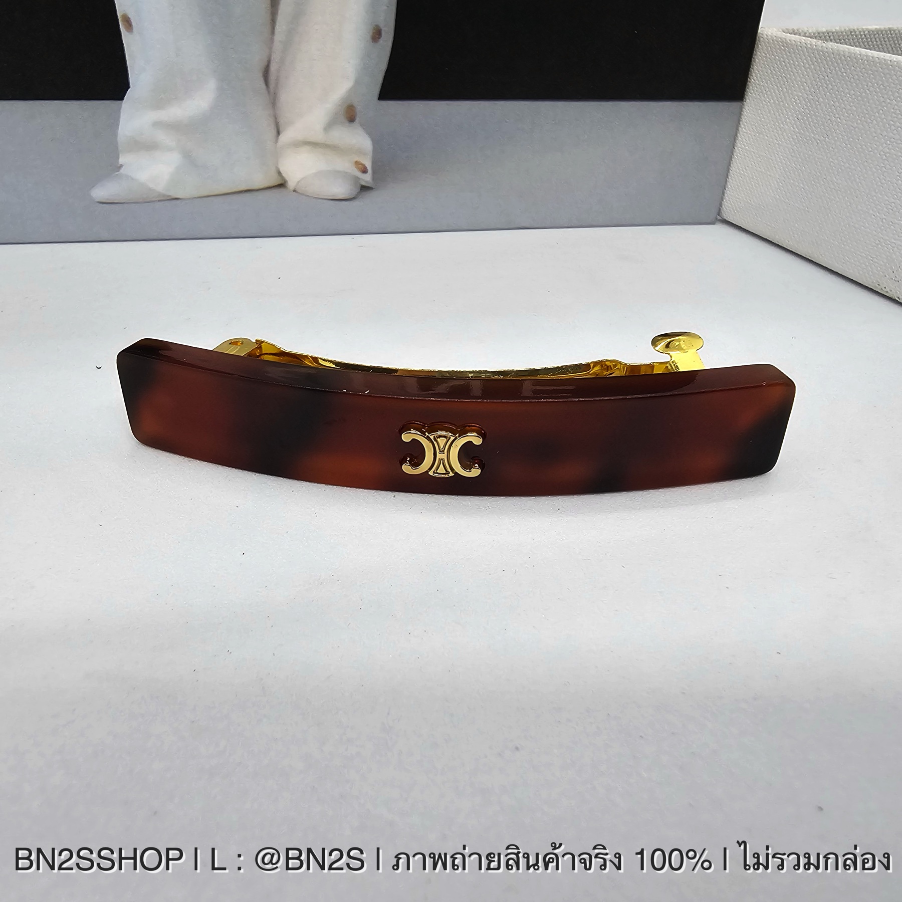 Celine Triomphe Hair Clip In Dark Havana Acetate-Brass And Steel With Gold Finish