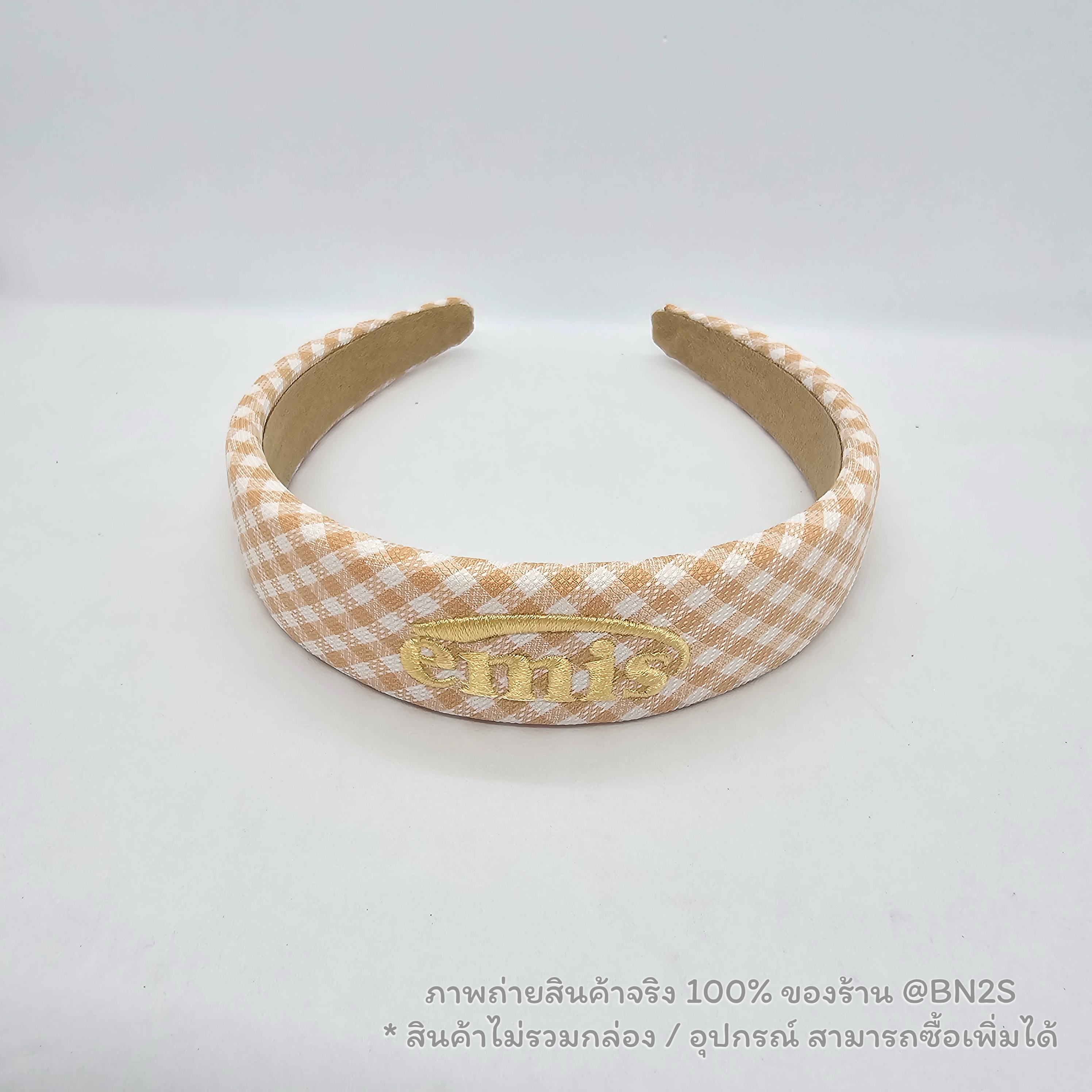 สีส้ม | ที่คาดผมอีมีส แบรนด์เกาหลี Emis Gingham Check Hairband ลายตาราง ปั๊กโลโก้ EMIS รุ่นใหม่ชนช๊อป พร้อมส่งในไทย ราคาไม่แพง ไม่มีกล่อง อุกรณ์