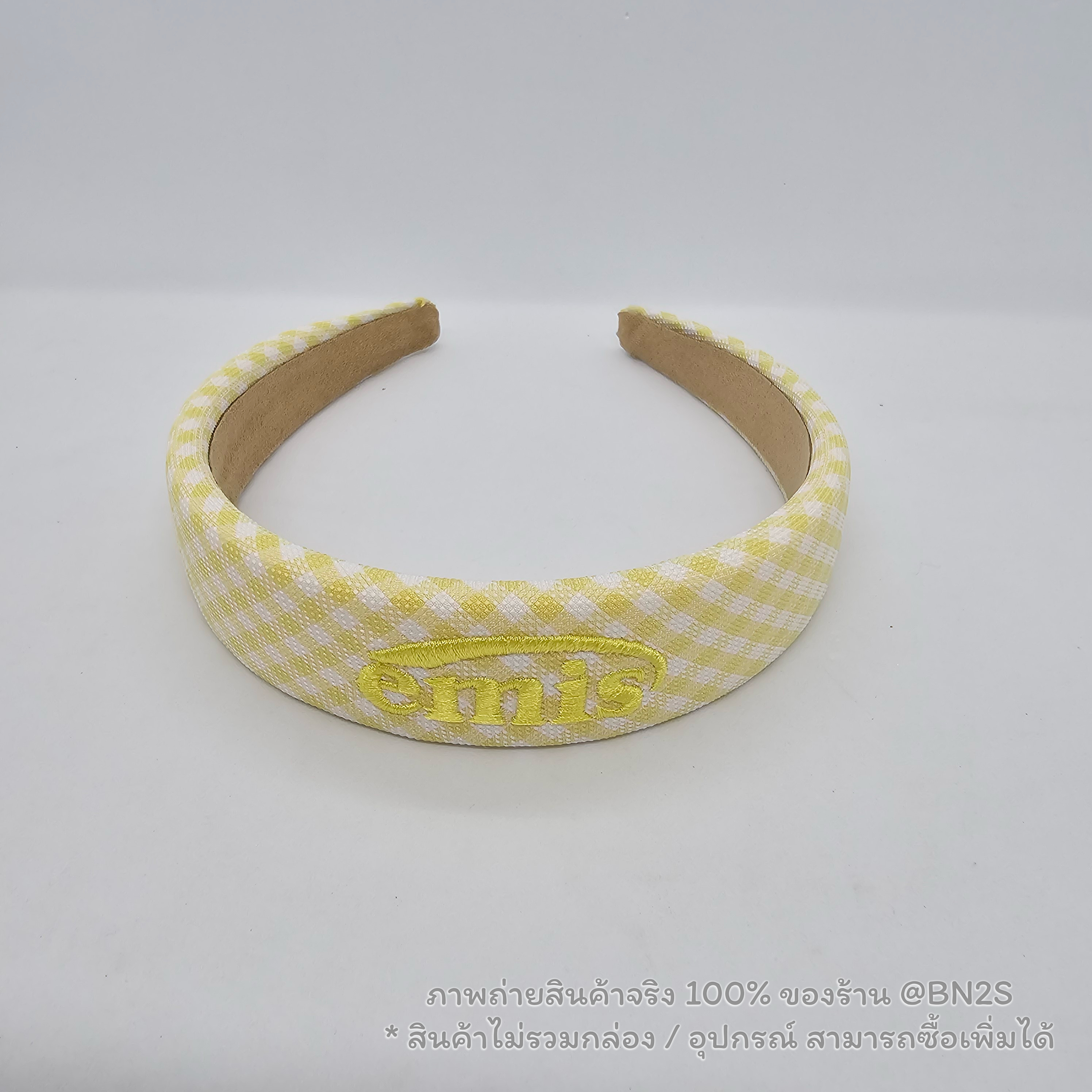 สีเหลือง | ที่คาดผมอีมีส แบรนด์เกาหลี Emis Gingham Check Hairband ลายตาราง ปั๊กโลโก้ EMIS รุ่นใหม่ชนช๊อป พร้อมส่งในไทย ราคาไม่แพง ไม่มีกล่อง อุกรณ์