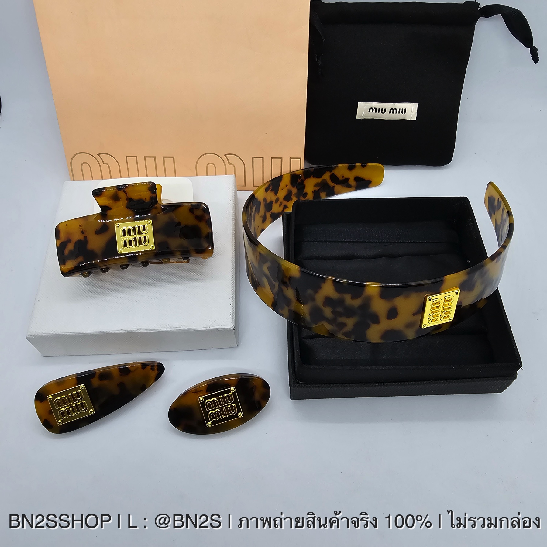ที่คาดผม | MIU MIU Plexiglas Headband and hair clip สี Tortoiseshell/Gold รวมรุ่น ที่คาดผม กิ๊บติดผม มิว มิว สีน้ำตาลลายกะ ติดโลโก้