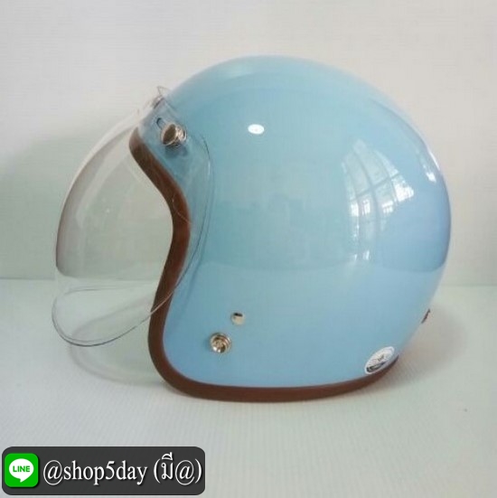 🔥หมวกกันน็อคแนววินเทจสีฟ้า พร้อมชิวบับเบิ้ลสีใส