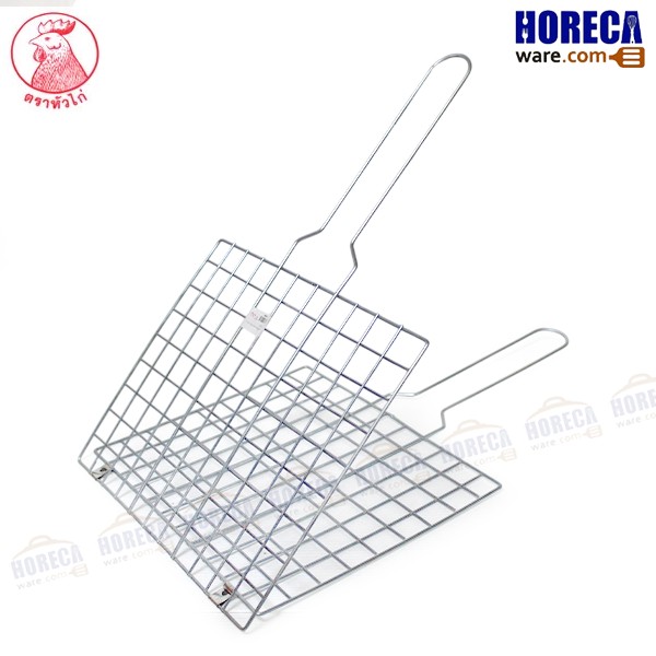 Large pair of galvanized iron fish grills, net, chicken head
