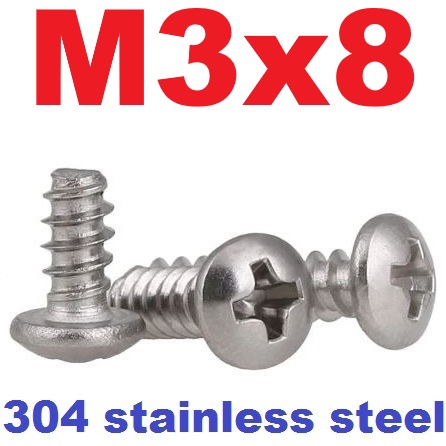 สกรูสแตนเลส ปลายตัด M3x8 mm.หัวกลมแฉก สีขาว stainless steel 304 round head flat tail self-tapping screw cross groove M3*8mm. เกลียวปล่อย