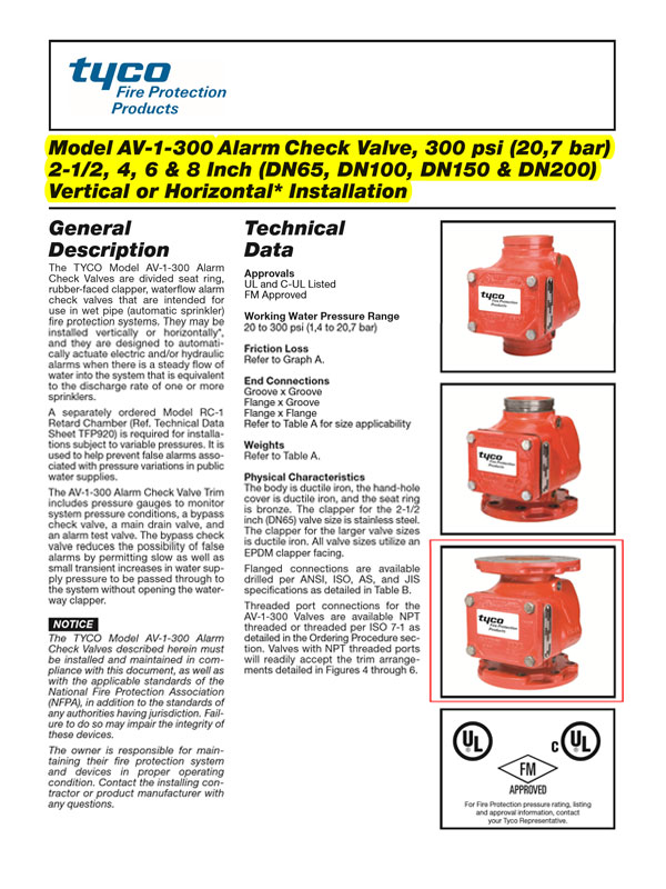 TYCO AV-1 Alarm Check Valve AV-1-300 Size 4",FxF,UL/FM