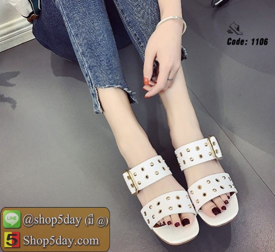 รองเท้าส้นสูงหนา วัสดุหนังพียู ดีเทลหน้า แต่งอะไหล่มุดทอง สุดเก๋