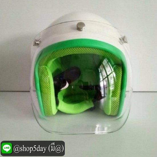 ALTRAX หมวกกันน็อควินเทจ ราคาถูก รุ่น LAZOR สีขาวมุกประกาย นวมเขียว คิ้วเขียว ถอดซักได้ พร้อมแว่นBUBBLEใส