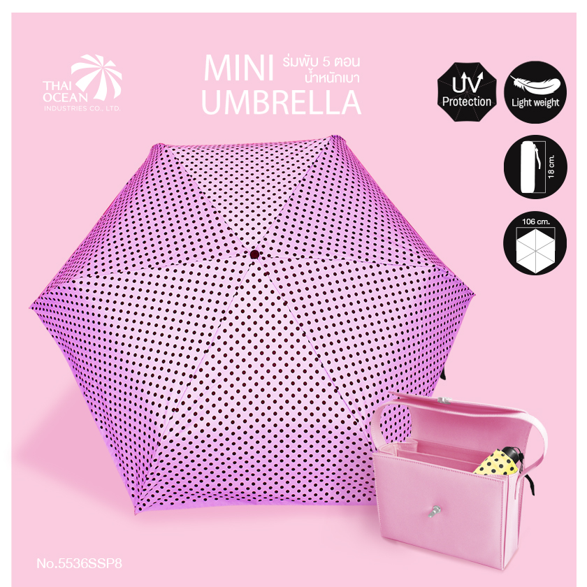 Leo ร่มพับน้ำหนักเบาพิเศษ 5 ตอน ลายจุด พกง่าย ใส่กระเป๋าถือได้ ผ้าเคลือบยูวีกันแดด