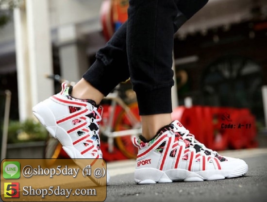 รองเท้าผ้าใบ + PU ทรง SPORT สุดชิค (ขาว-แดง)