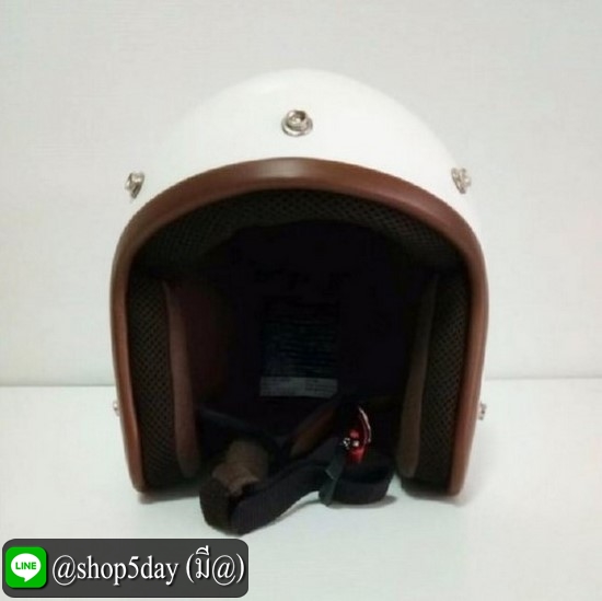 AVEX หมวกกันน็อควินเทจคลาสสิค ราคาถูก รุ่น LB สีขาวเงา คิ้วน้ำตาล ผ้าน้ำตาล