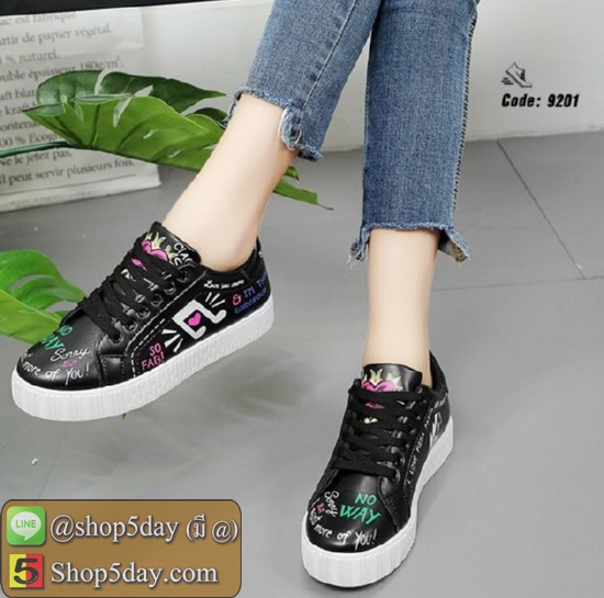 รองเท้าผ้าใบ หนัง PU Flashion แบ๊วๆสไตล์เกาหลี (ดำ)