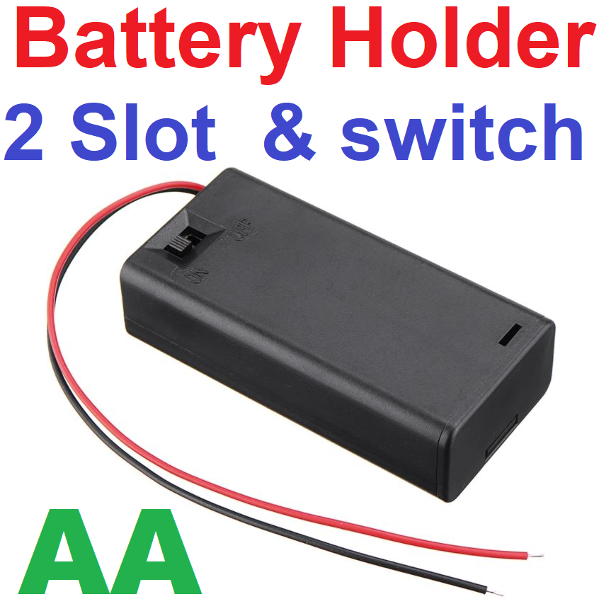 รางถ่าน AA 2 ก้อน 3V มีสวิตช์ ฝาปิด พร้อมสายไฟ 2 section Battery Holder Storage Case Box With Switch&Cover for AA Batteries Standard Container battery