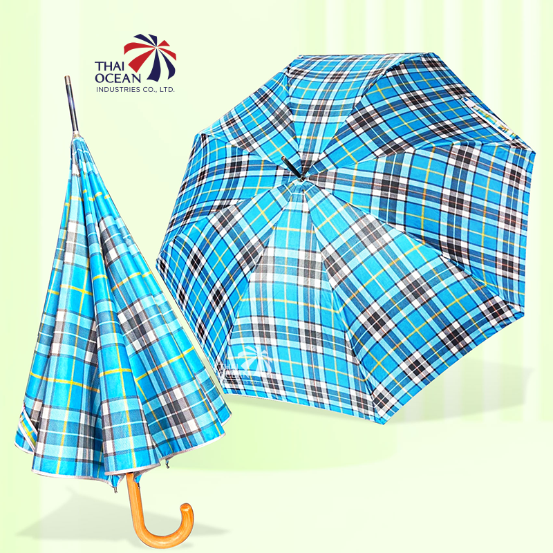 Leo ร่มยาว ลายสก๊อต ขนาด 105 ซม ขนาดพอดีคน ด้ามลายไม้