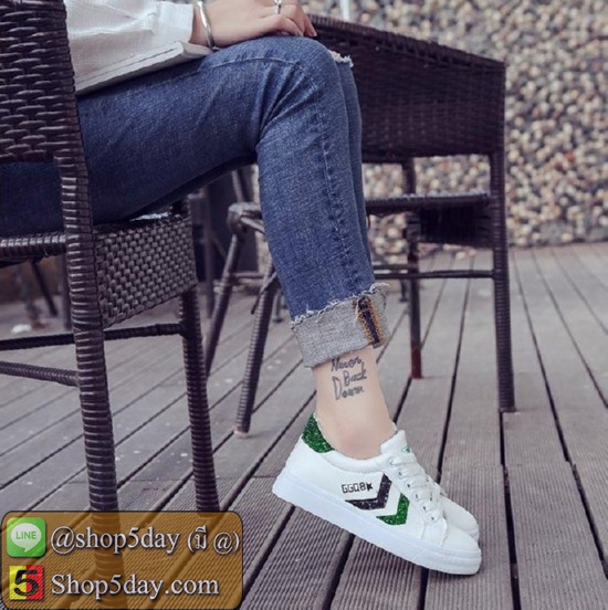 รองเท้าผ้าใบ สไตล์เกาหลี ตกแต่งลายเก๋ๆ (แถบเขียว)