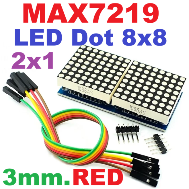 LED Matrix Driver MAX7219 IC Driver Module + LED 3mm Dot Matrix 8x16 ขนาด 65mm x 32mm สีแดง 1088AS