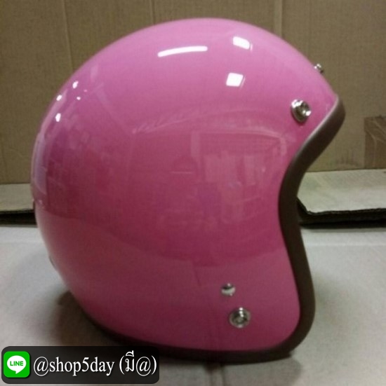 หมวกกันน็อคสไตล์วินเทจคลาสสิค สีชมพูเงา ขอบดำ