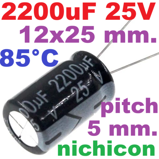 ตัวเก็บประจุ 2200uF 25V 85C Pitch 5mm.12x25mm ยี่ห้อ Nichicon radial Electrolytic capacitor