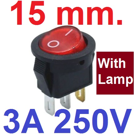 สวิตช์ 2 ทาง 3 ขา มีไฟสีแดง ขนาด 15mm บนกลมล่างเหลี่ยม Diameter 15 mm 3PIN Red color MINI ROUND Push Button rocker Switch ON/OFF power switches 3A/250V 6A/125V สวิทช์กระดก