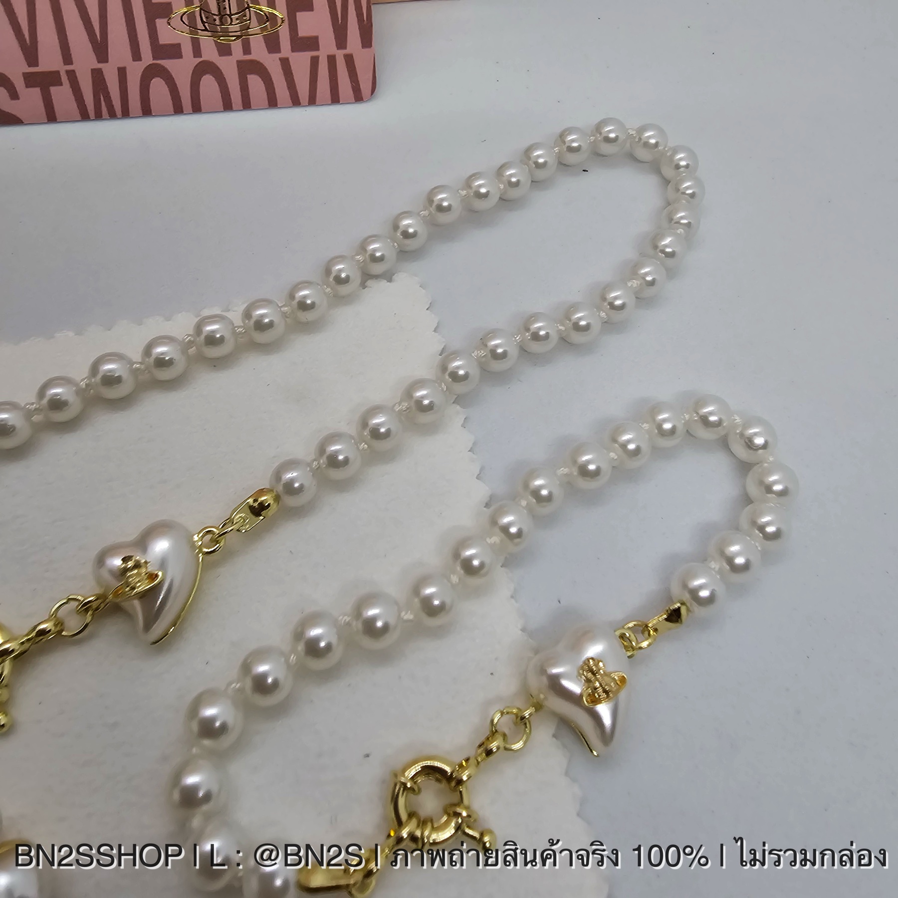 สร้อยคอ | Vivienne Westwood Heart Pearl ชุดสร้อยคอ ต่างหู รูปหัวใจ ประดับโลโก้วิเวียนสีทองแบบเล็ก