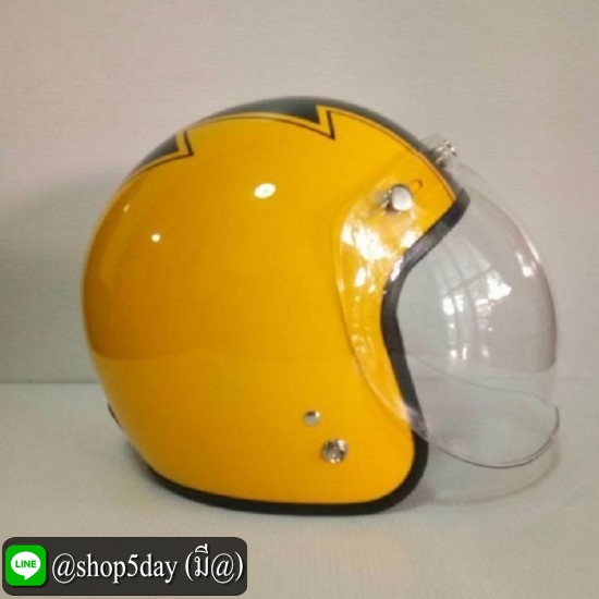 AVEX หมวกกันน็อควินเทจคลาสสิค ราคาถูก รุ่นLB THUNDER สีเหลืองเงาสายฟ้าดำ คิ้วดำ ผ้าดำ พร้อมชิว BUBBLE สีใส