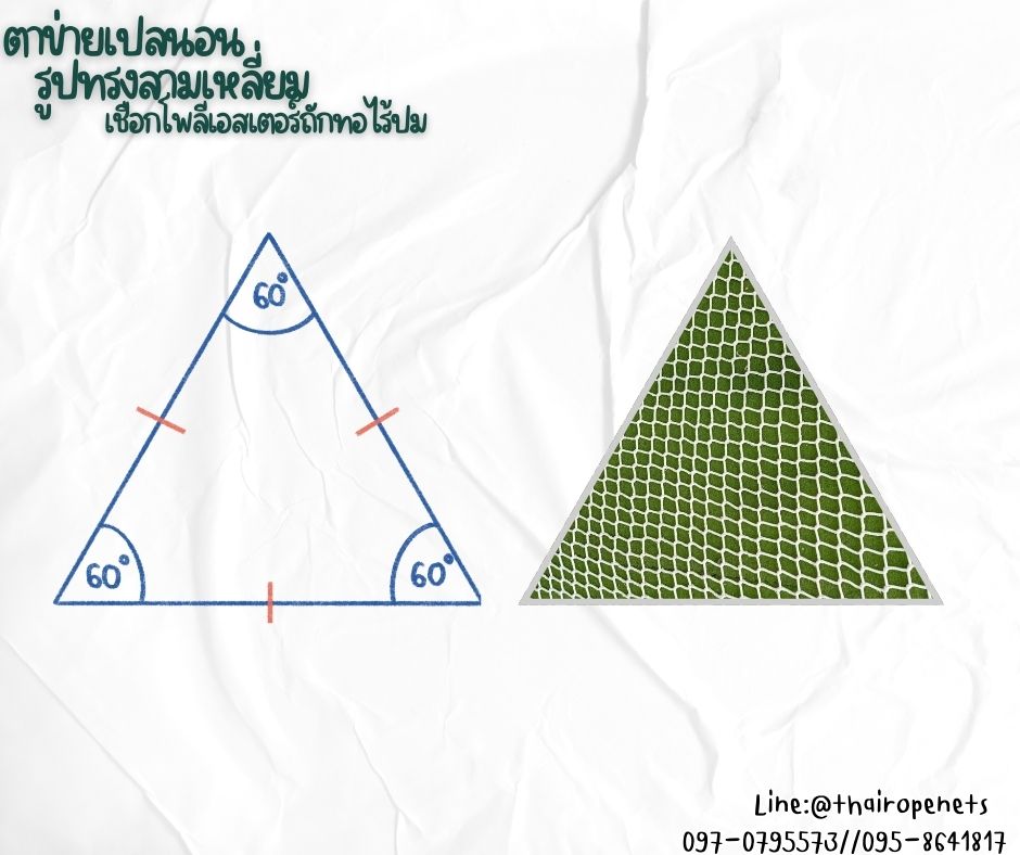 ตาข่ายเปลนอน ทรงสามเหลี่ยม เชือกโพลีเอสเตอร์ถักทอไร้ปม ไร้รอยต่อ เชือกหนา 5 มิล ช่องตา 5x5 cm. ใช้งานกลางแจ้งได้ดี รับทำตามขนาดที่ต้องการ