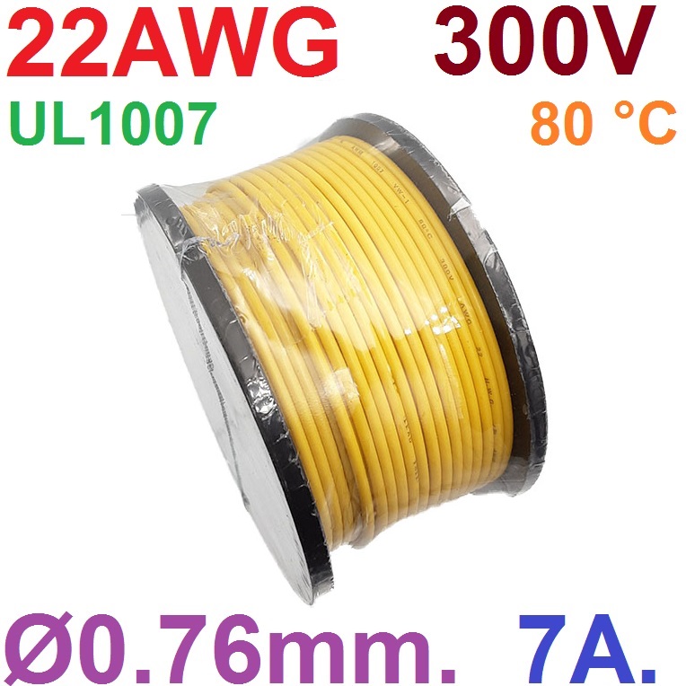 สายไฟอ่อน 22AWG สีเหลือง 300V 7A UL1007 PVC Electronic Cable Wire แบ่งขายเป็นเมตร