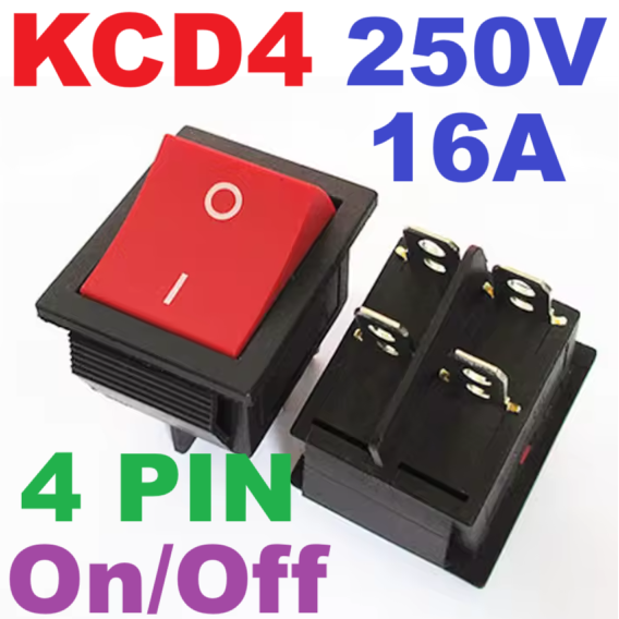 16A power switch, 4-pin on/off button, red indicator light, safe and reliable connection, temperature range -20 to 55℃.