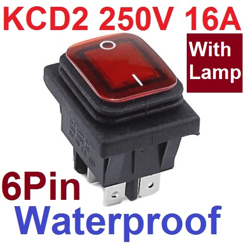 สวิตช์กันน้ำ 2 ทาง 6 ขา มีไฟ LED สีแดง AC 250V 16A KCD2 DPDT On-Off Switch 6 Pin RED color Waterproof Rocker Switch High Current Power Rocker 2 Gear 6 Foot Waterproof Power Switch สวิตช์กระดก